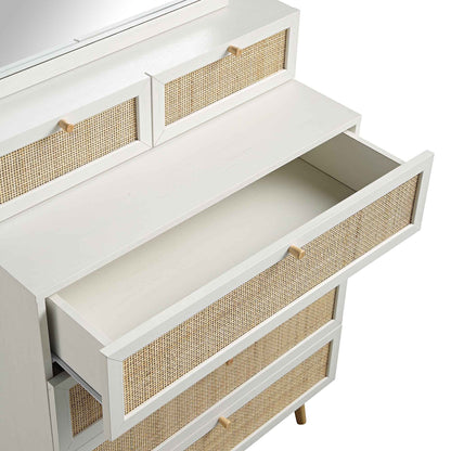 Frances Woven Rattan Tall Vanity Chest with Mirror, White