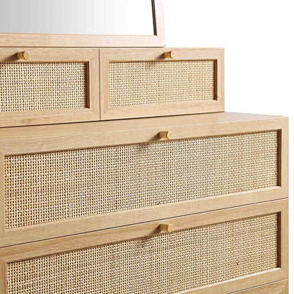 Frances Woven Rattan Tall Vanity Chest with Mirror, Natural