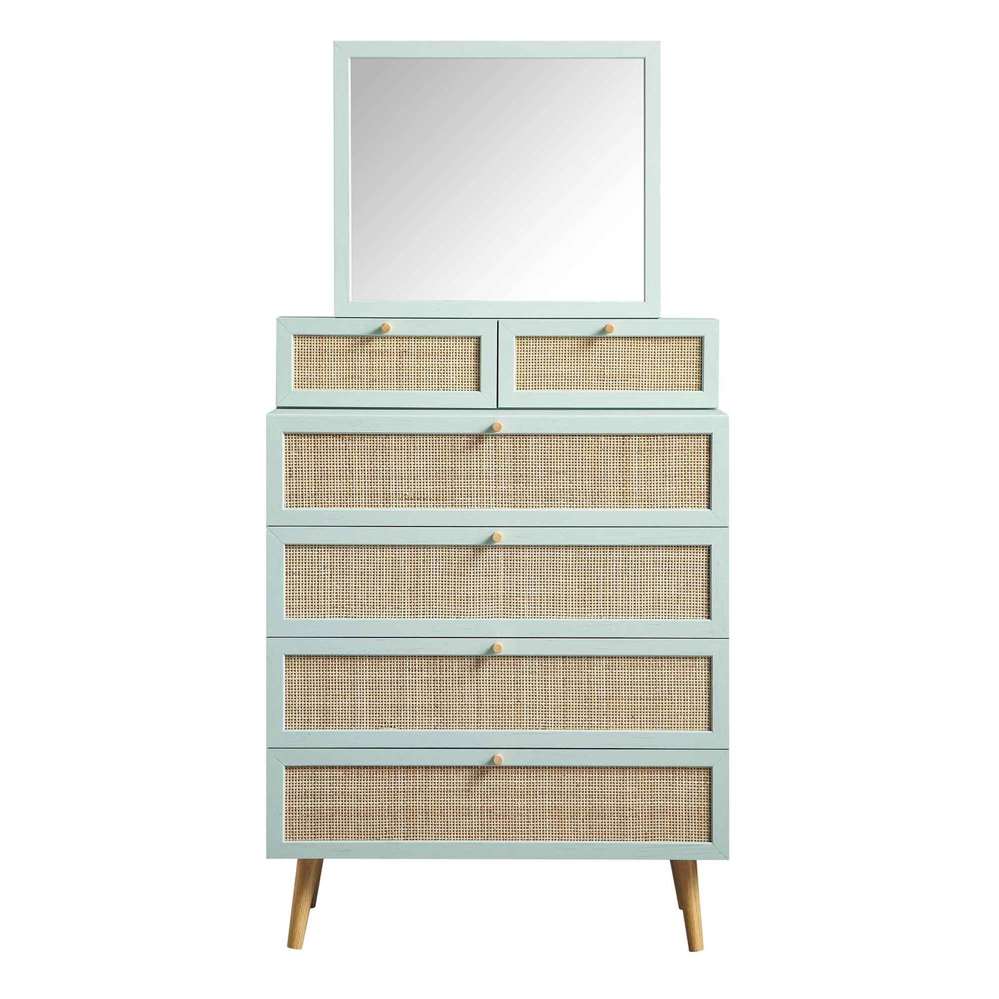 Frances Woven Rattan Tall Vanity Chest with Mirror, Mint