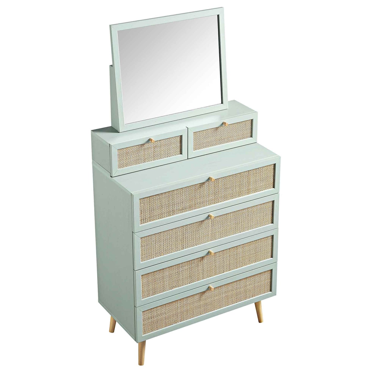 Frances Woven Rattan Tall Vanity Chest with Mirror, Mint