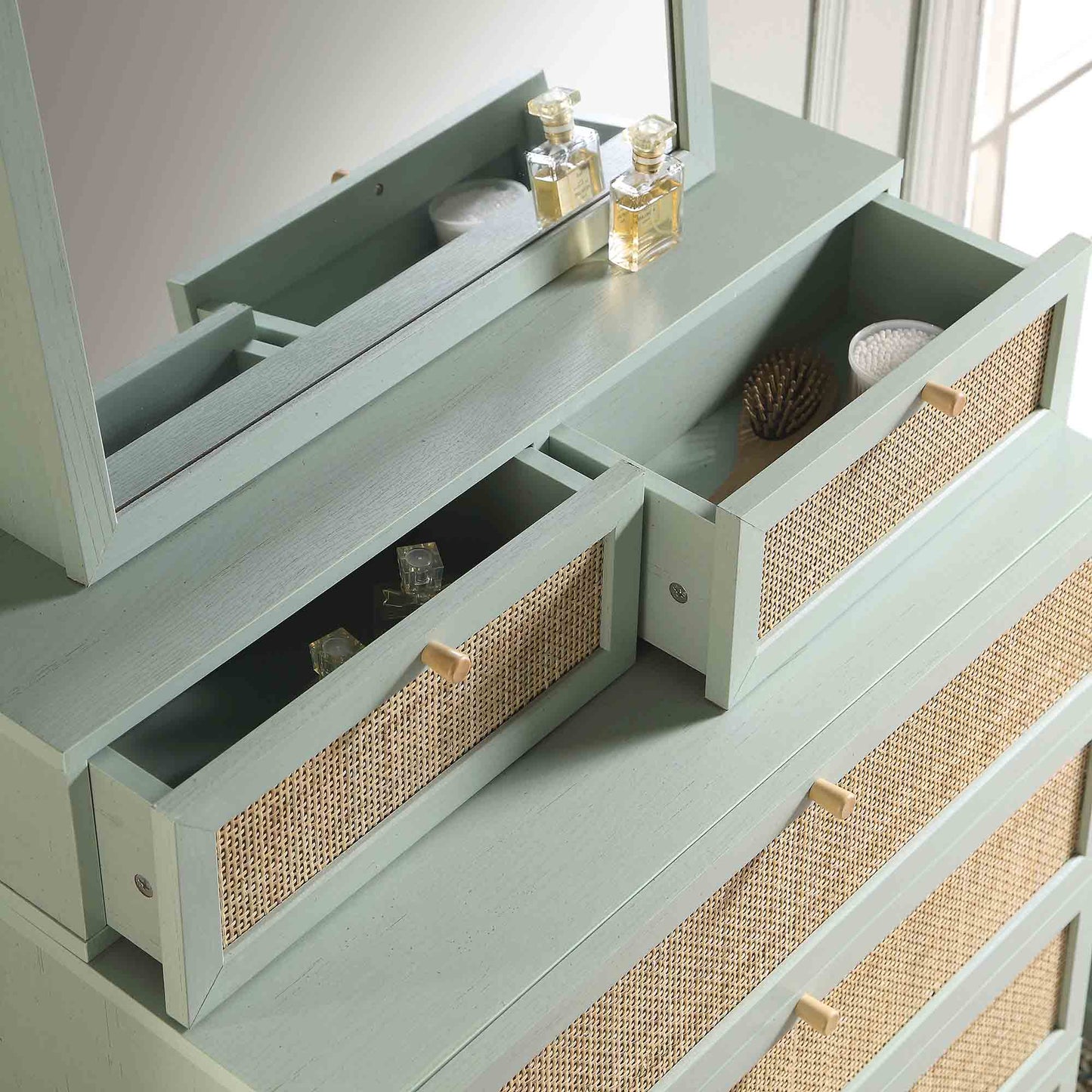 Frances Woven Rattan Tall Vanity Chest with Mirror, Mint