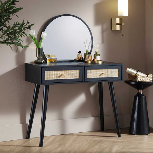 Frances Woven Rattan Dressing Table with Mirror, Black