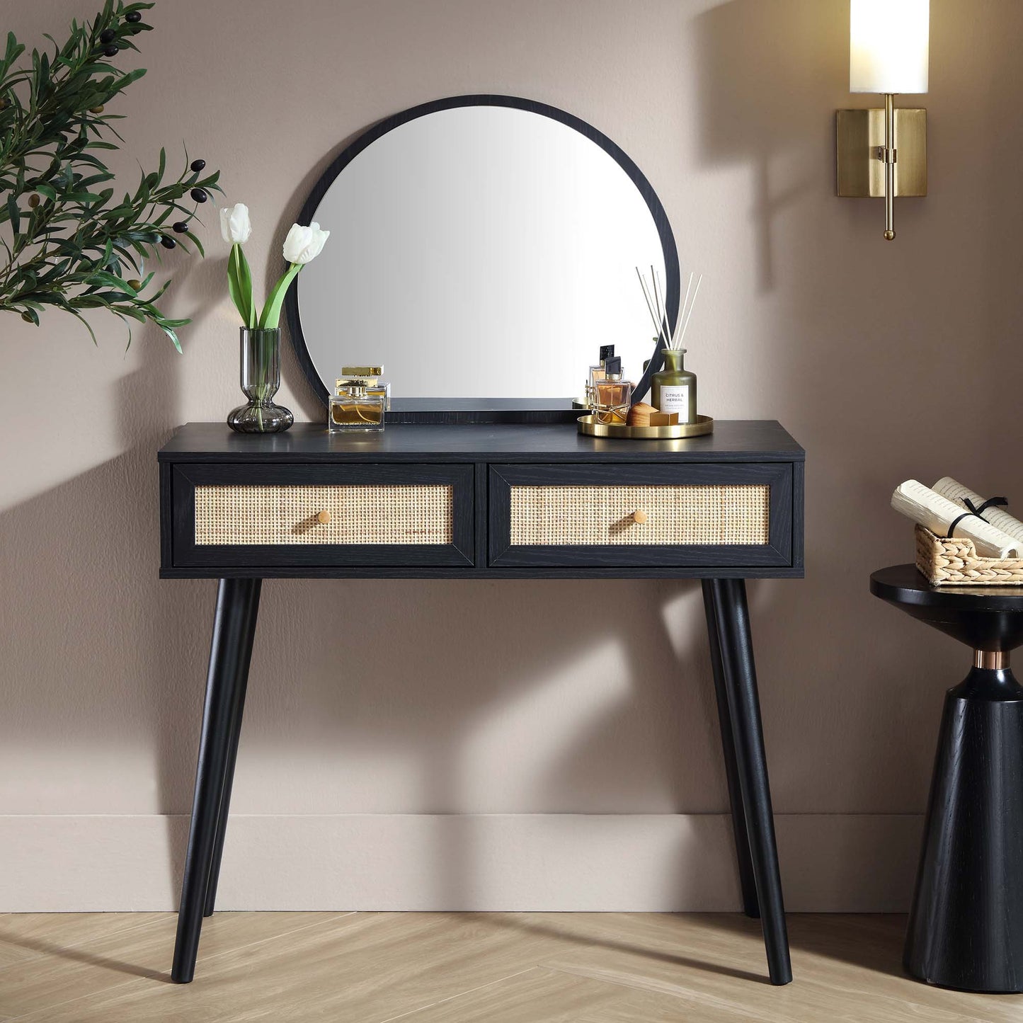 Frances Woven Rattan Dressing Table with Mirror, Black