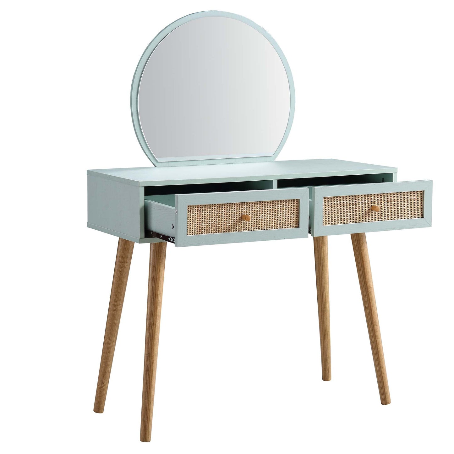 Frances Woven Rattan Dressing Table with Mirror, Mint