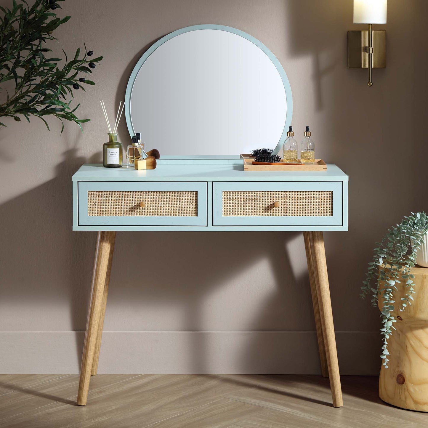 Frances Woven Rattan Dressing Table with Mirror, Mint