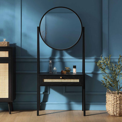 Frances Woven Rattan Standing Dressing Table with Mirror, Black