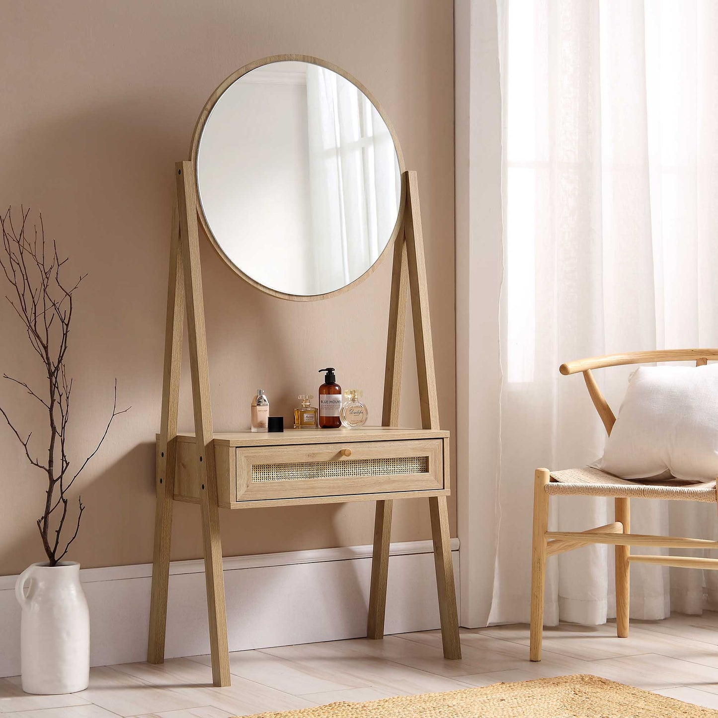 Frances Woven Rattan Standing Dressing Table with Mirror, Natural
