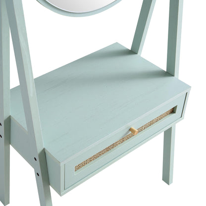 Frances Woven Rattan Standing Dressing Table with Mirror, Mint