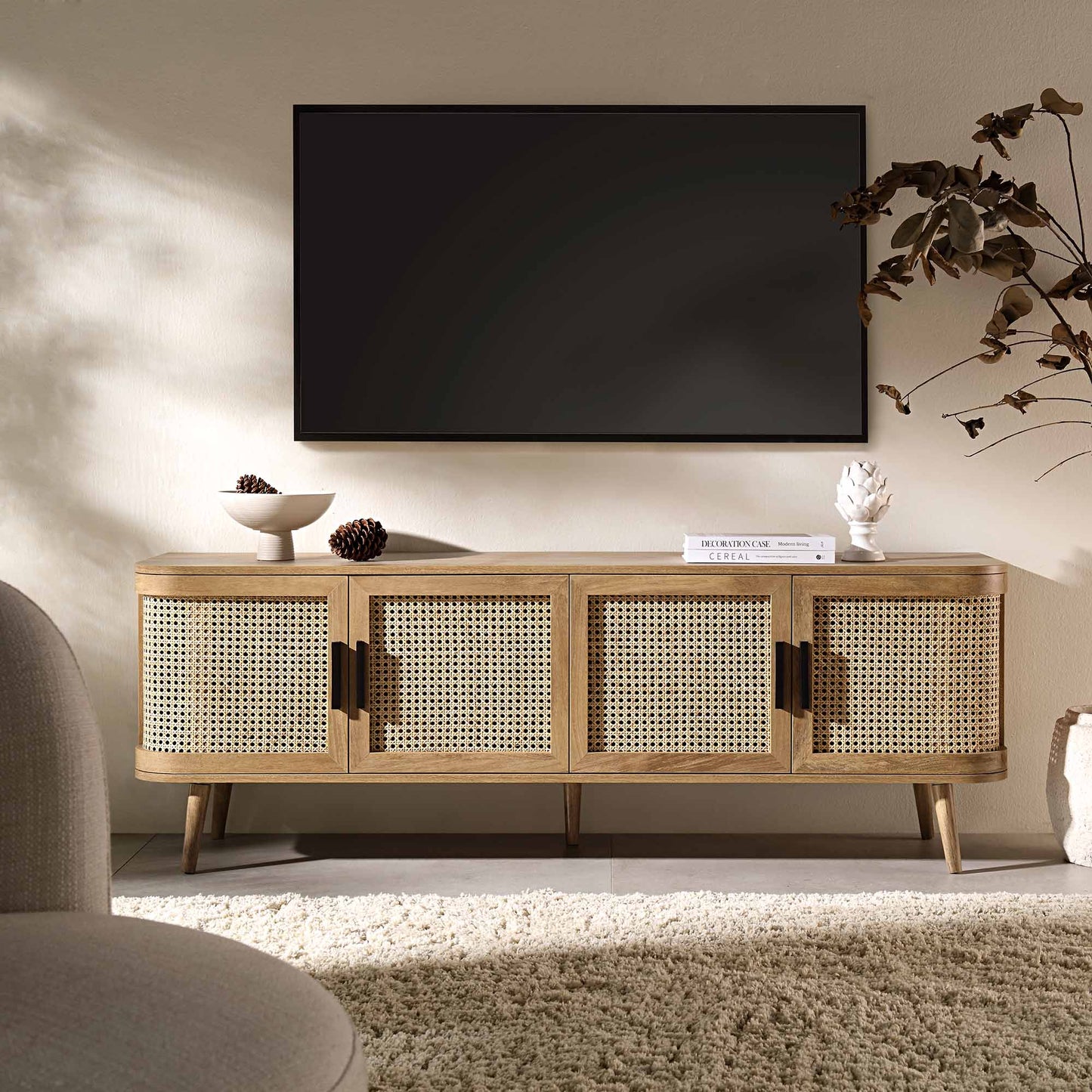 Izzy Curved Rattan 160cm Wide TV Unit, Natural