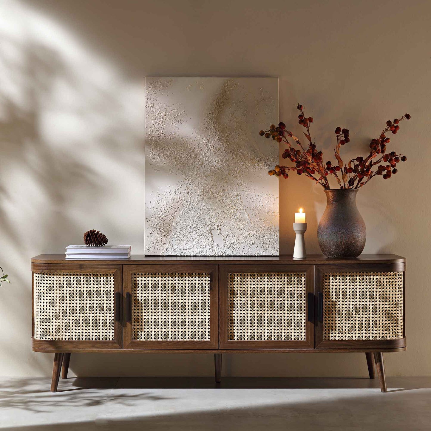 Izzy Curved Rattan 160cm Wide TV Unit, Walnut