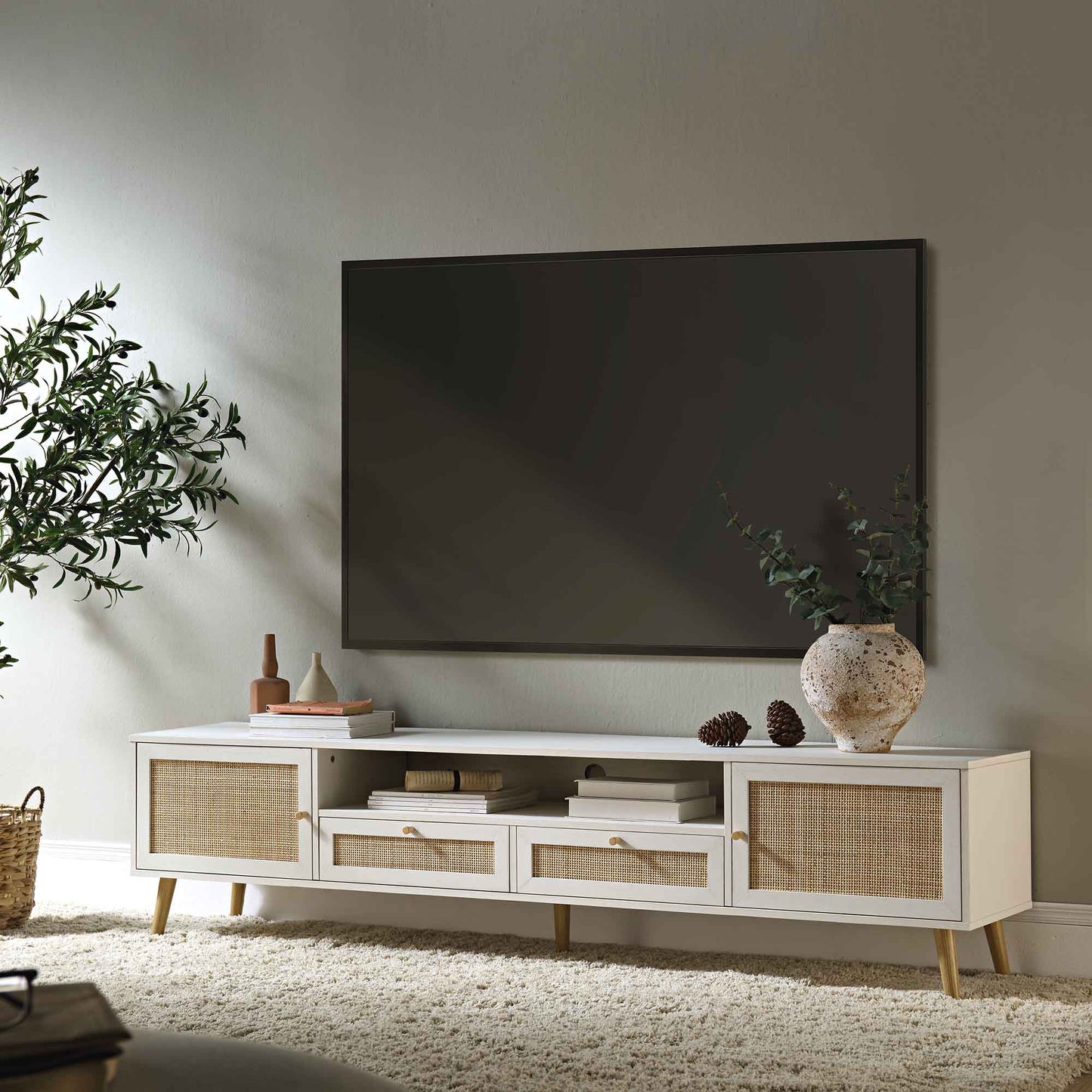 Frances Woven Rattan 200cm Wide TV Unit, White