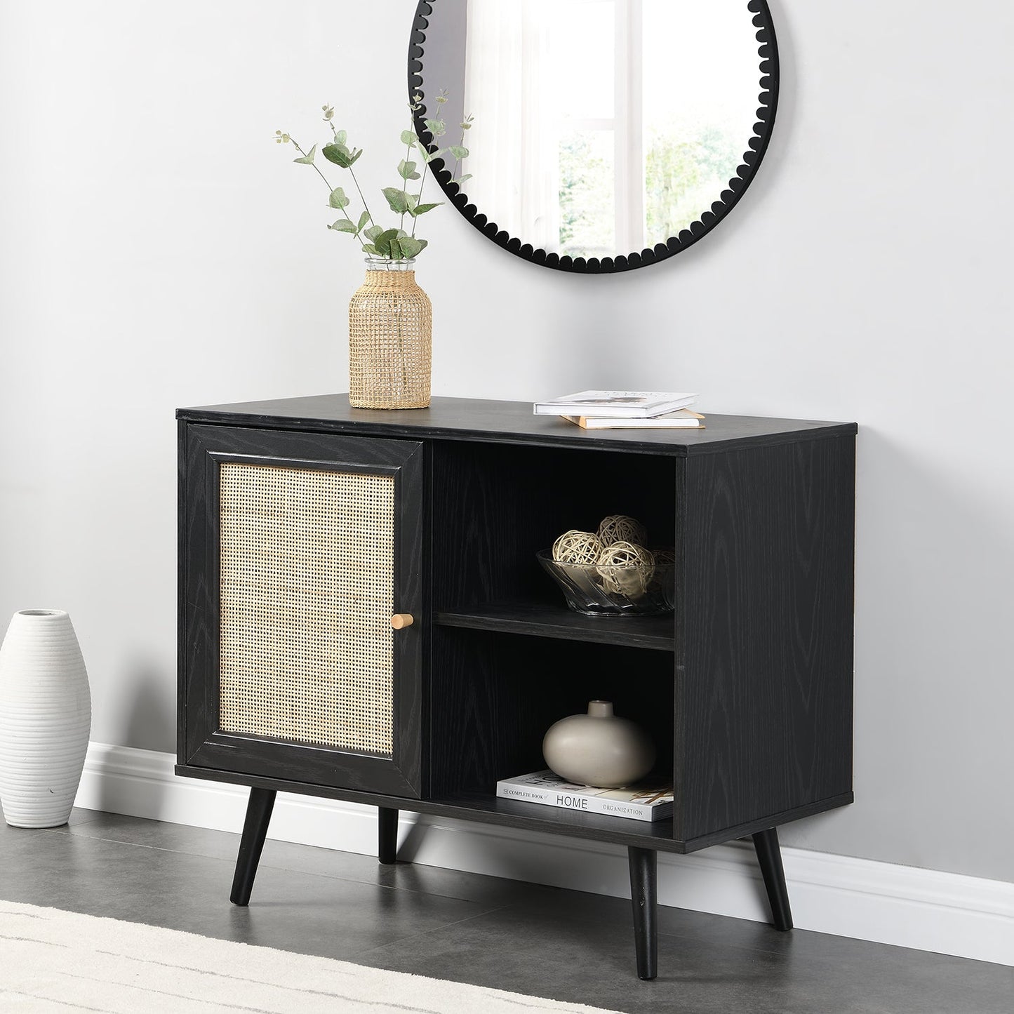 Frances Woven Rattan 1-Door Cabinet in Black