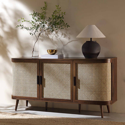 Izzy Curved Rattan Large 3-Door Sideboard, Walnut