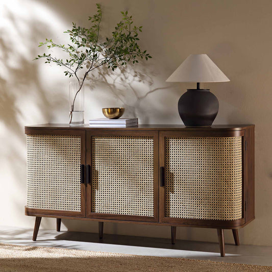 Izzy Curved Rattan Large 3-Door Sideboard, Walnut