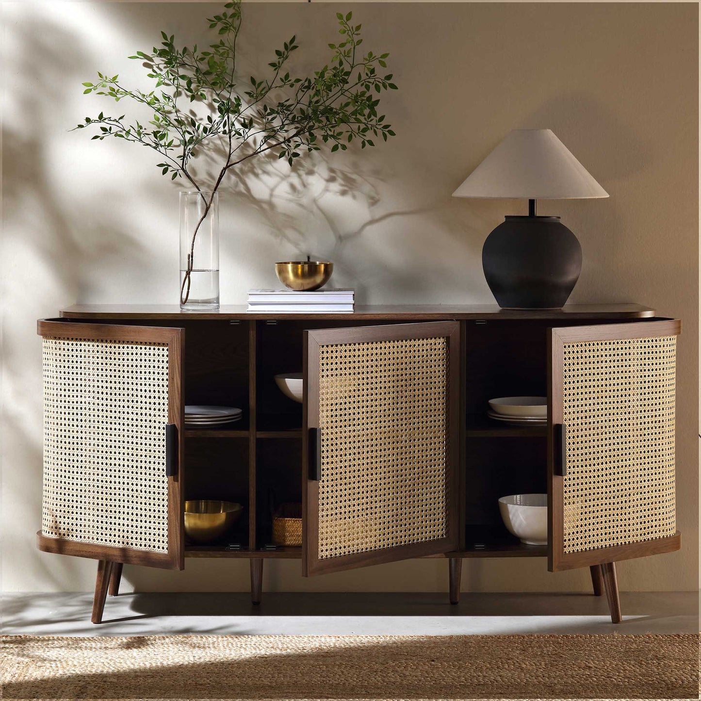 Izzy Curved Rattan Large 3-Door Sideboard, Walnut