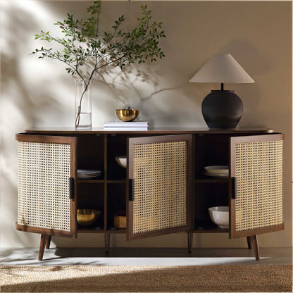 Izzy Curved Rattan Large 3-Door Sideboard, Walnut