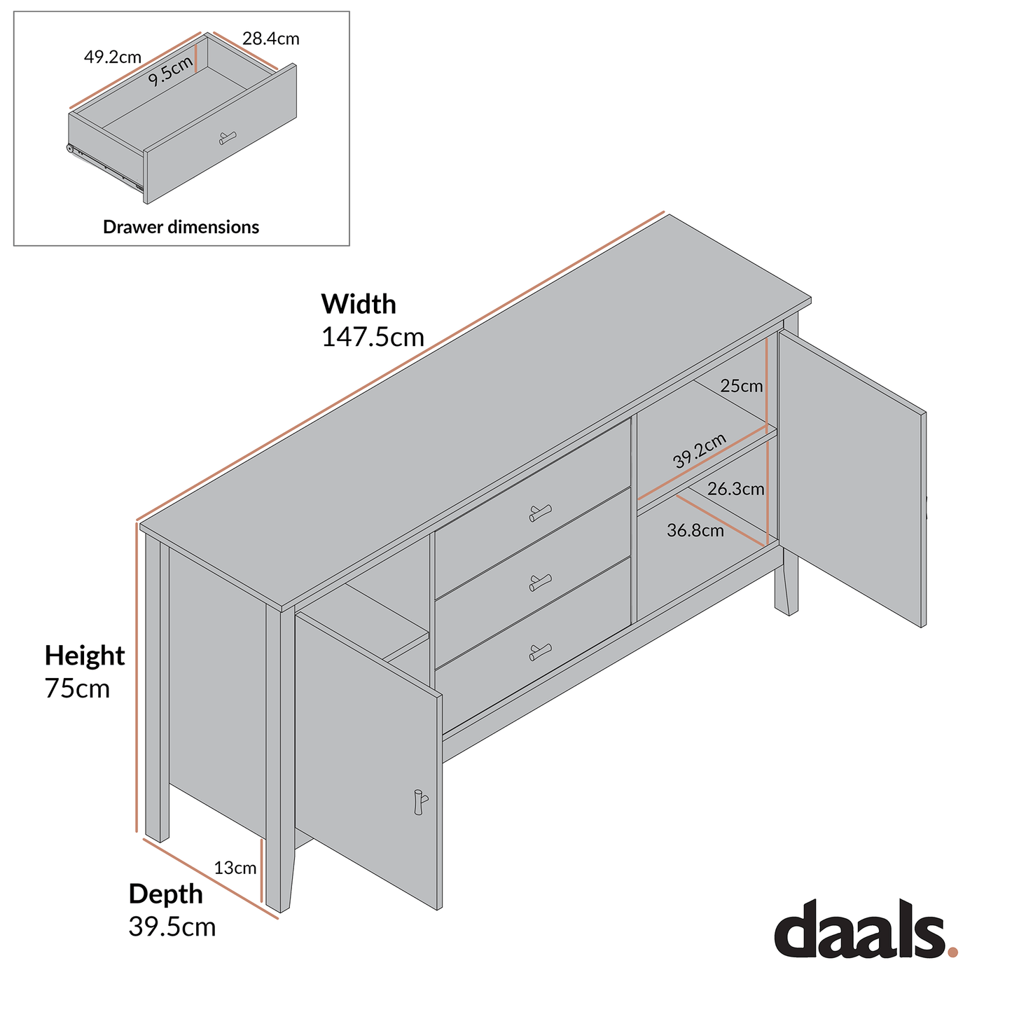 Oakham Wide Sideboard with Drawers, Shaded White