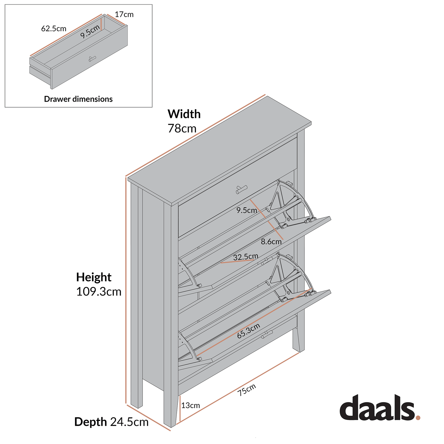 Oakham 2-Tier Shoe Cabinet with Top Drawer, Stormy Blue