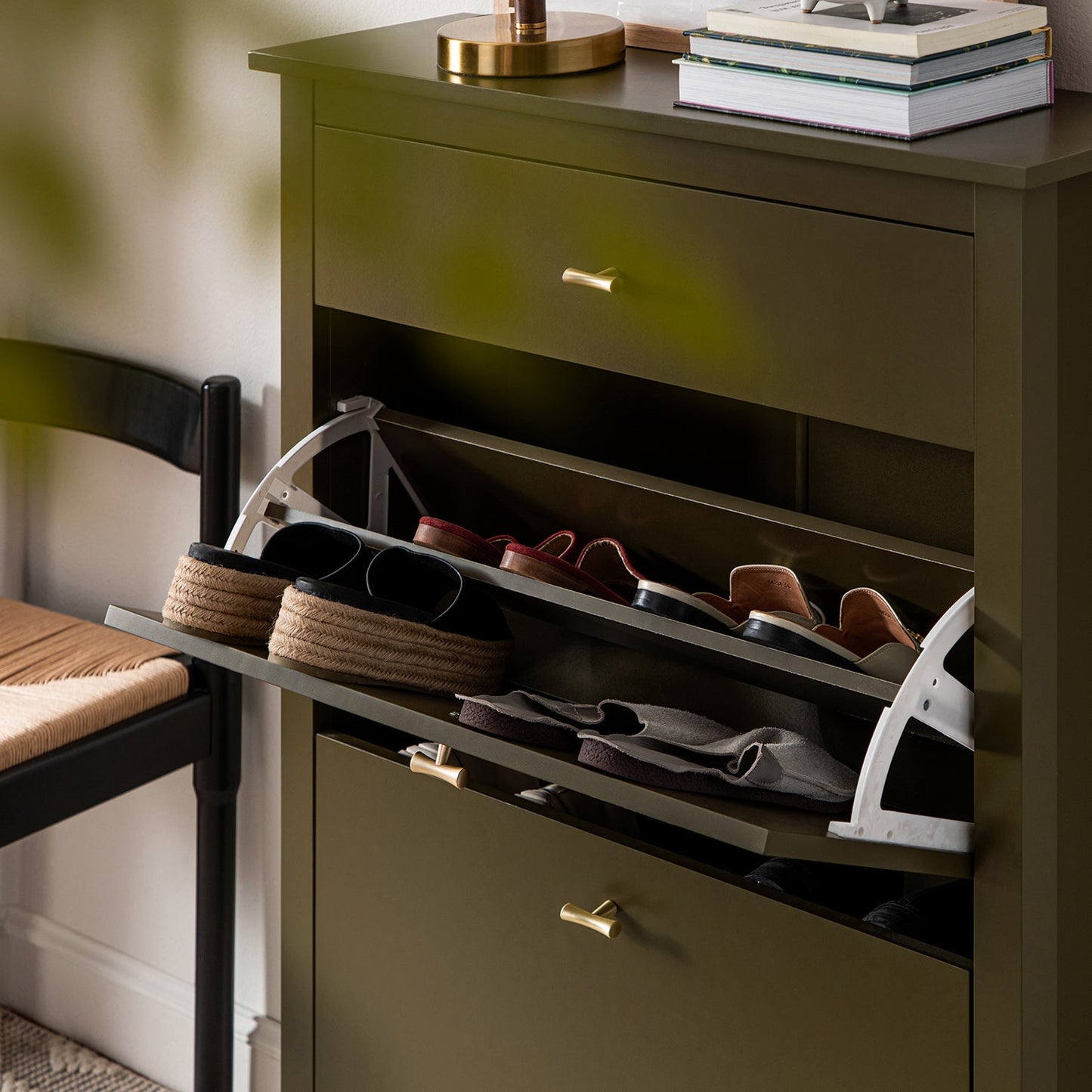 Oakham 2-Tier Shoe Cabinet with Top Drawer, Olive Grove