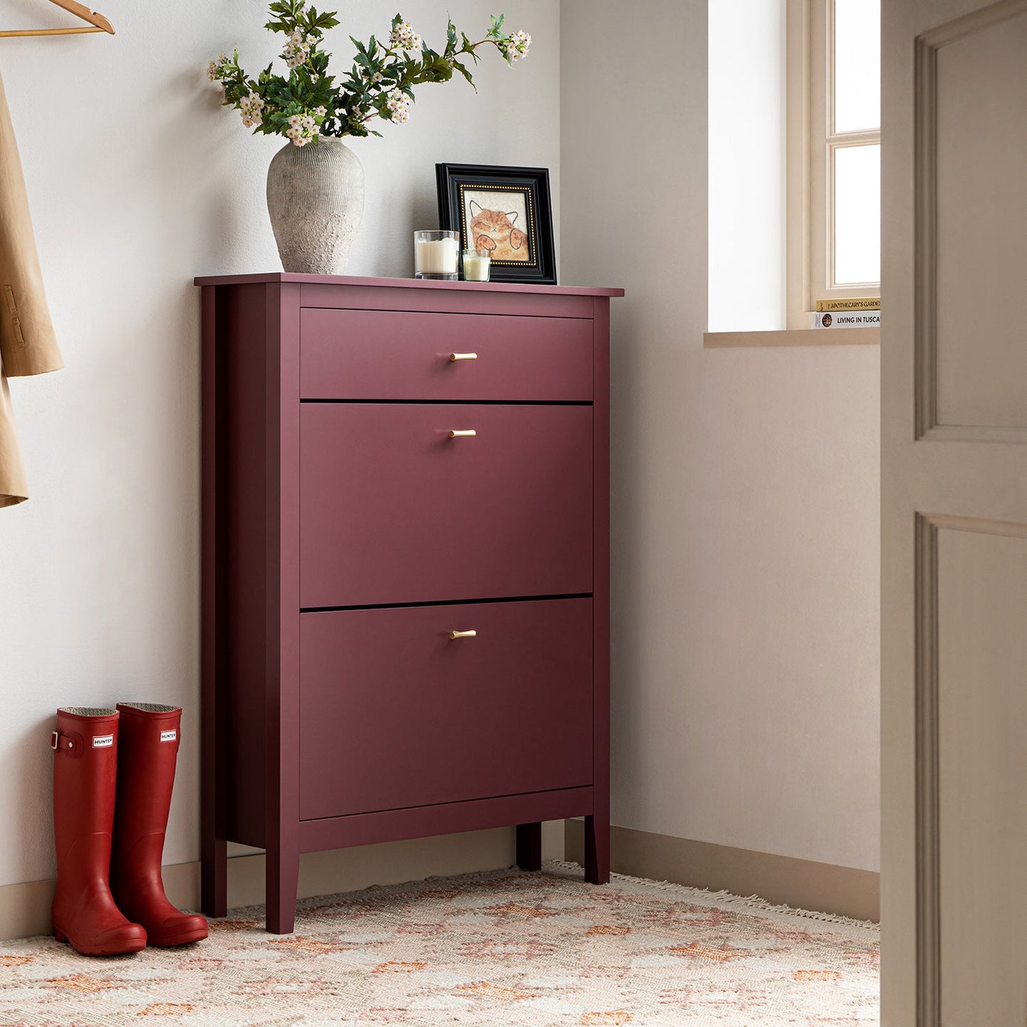 Oakham 2-Tier Shoe Cabinet with Top Drawer, Wild Cherry