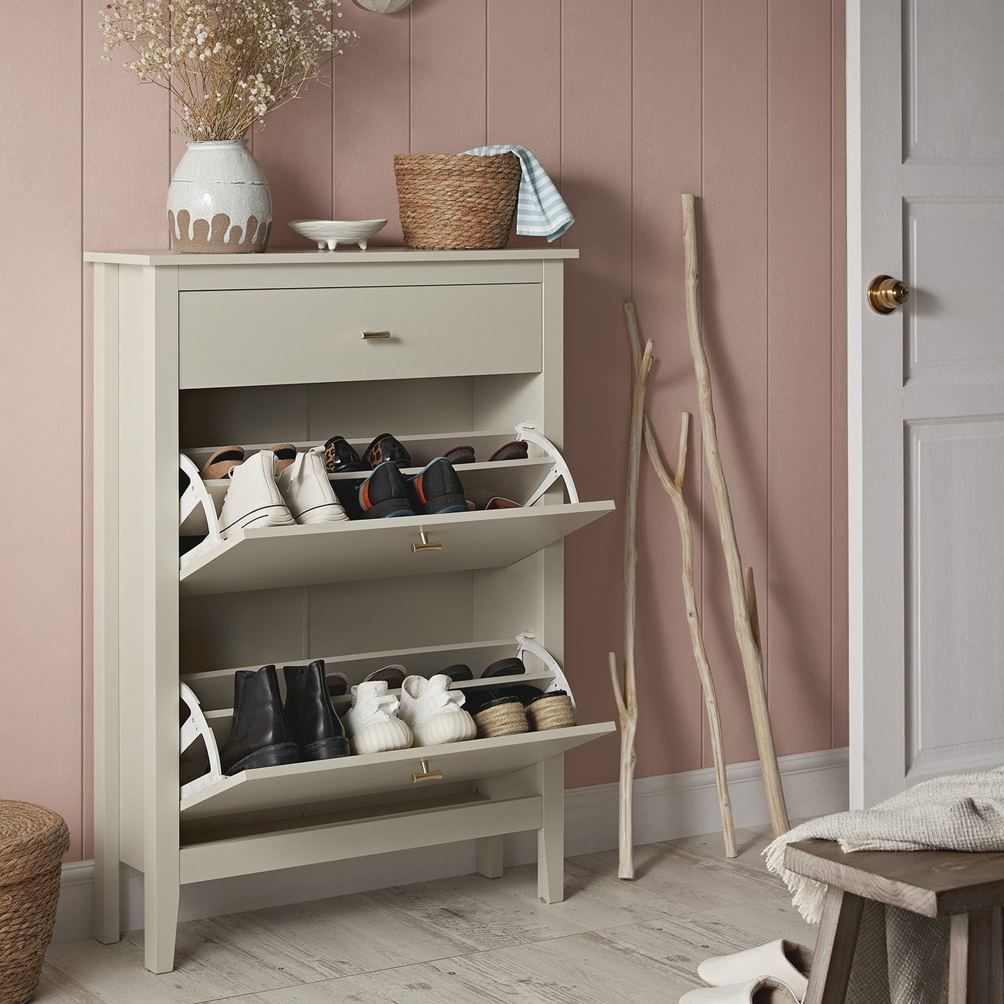 Oakham 2-Tier Shoe Cabinet with Top Drawer, Shaded White