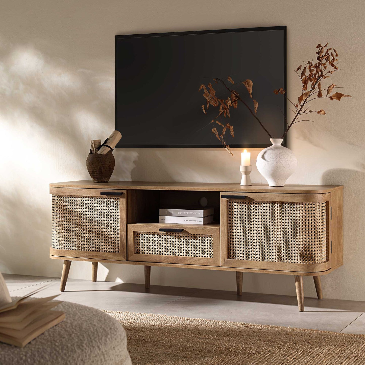 Izzy Curved Rattan 150cm TV Unit, Natural