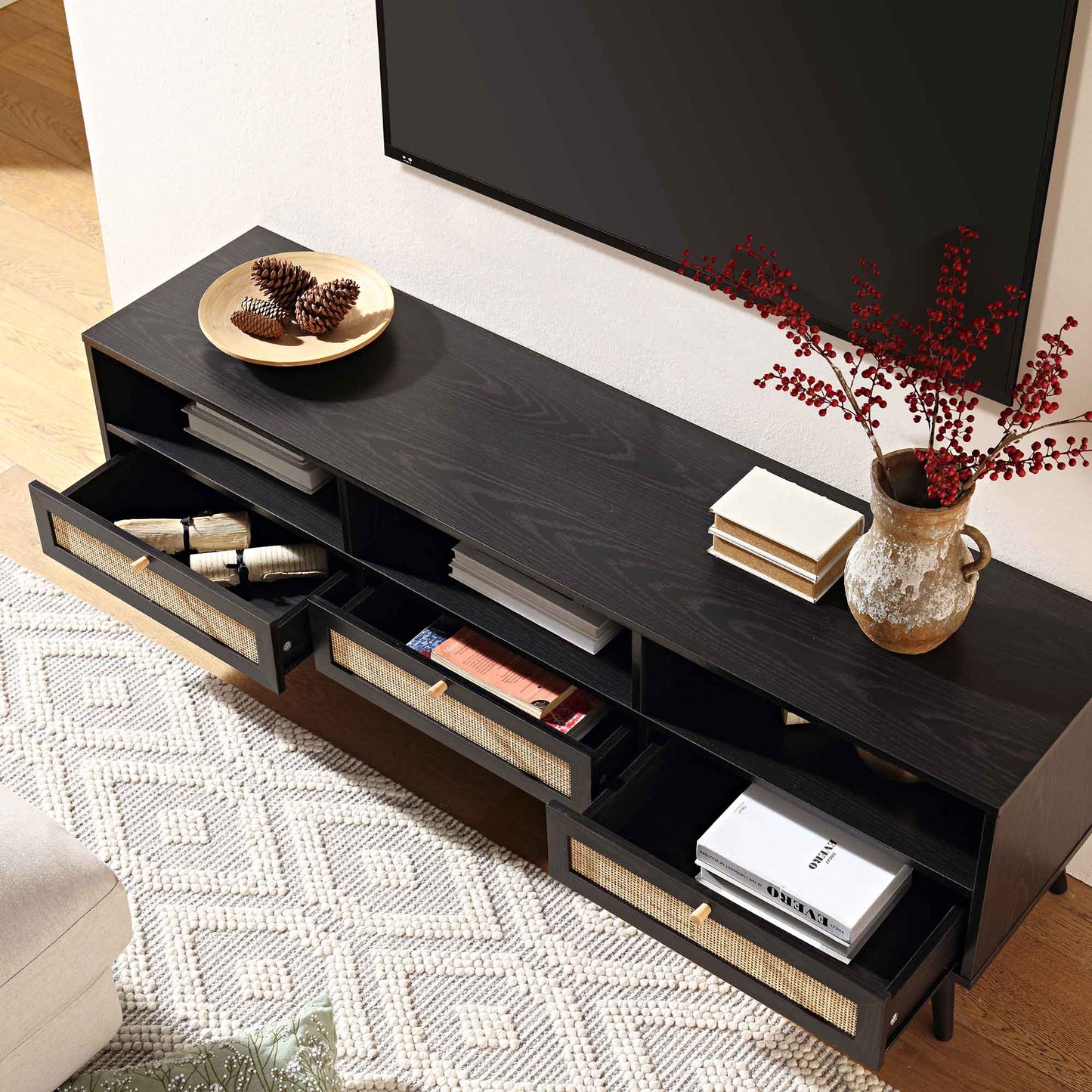Frances Woven Rattan 160cm 3-Drawer TV Unit, Black