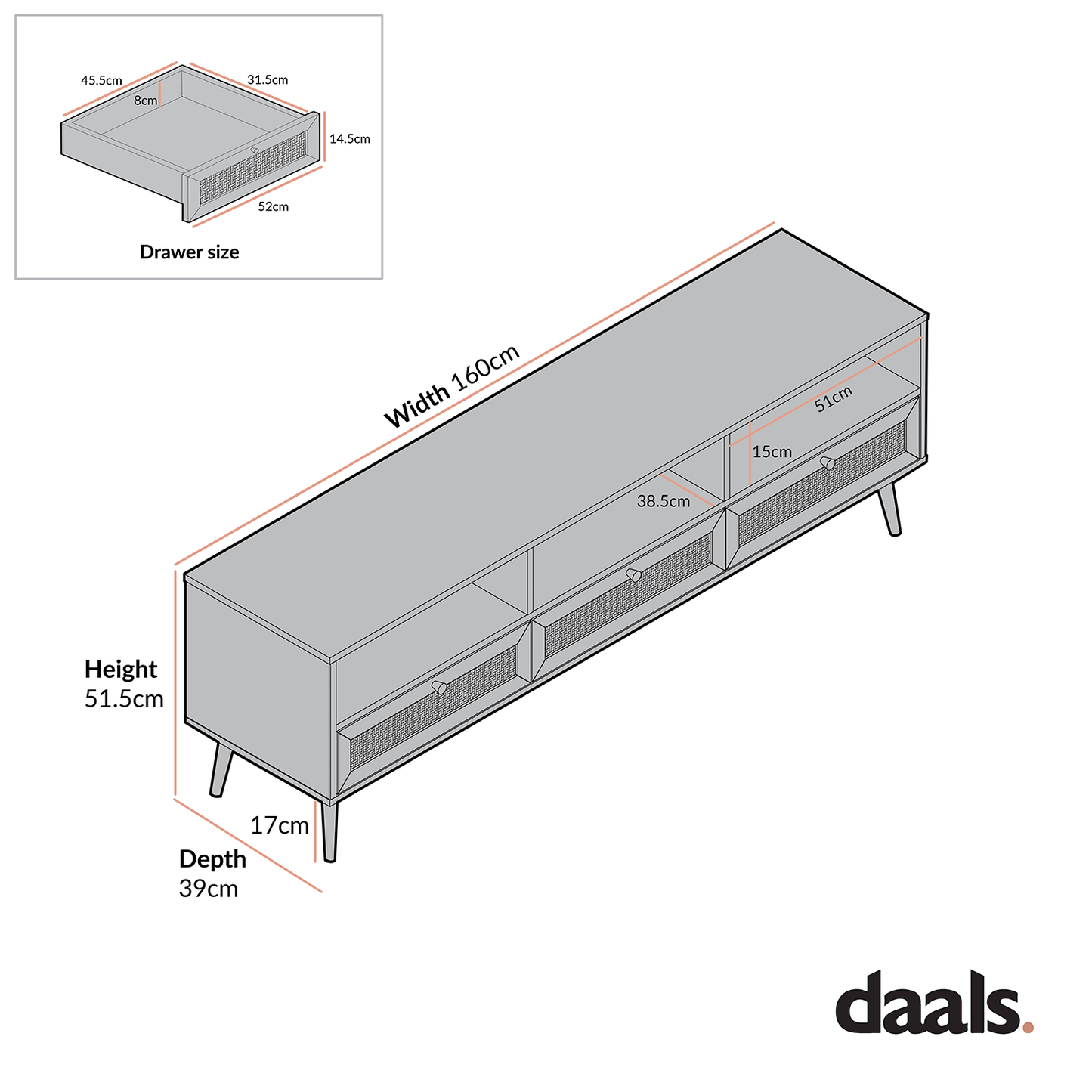 Frances Woven Rattan 160cm 3-Drawer TV Unit, White