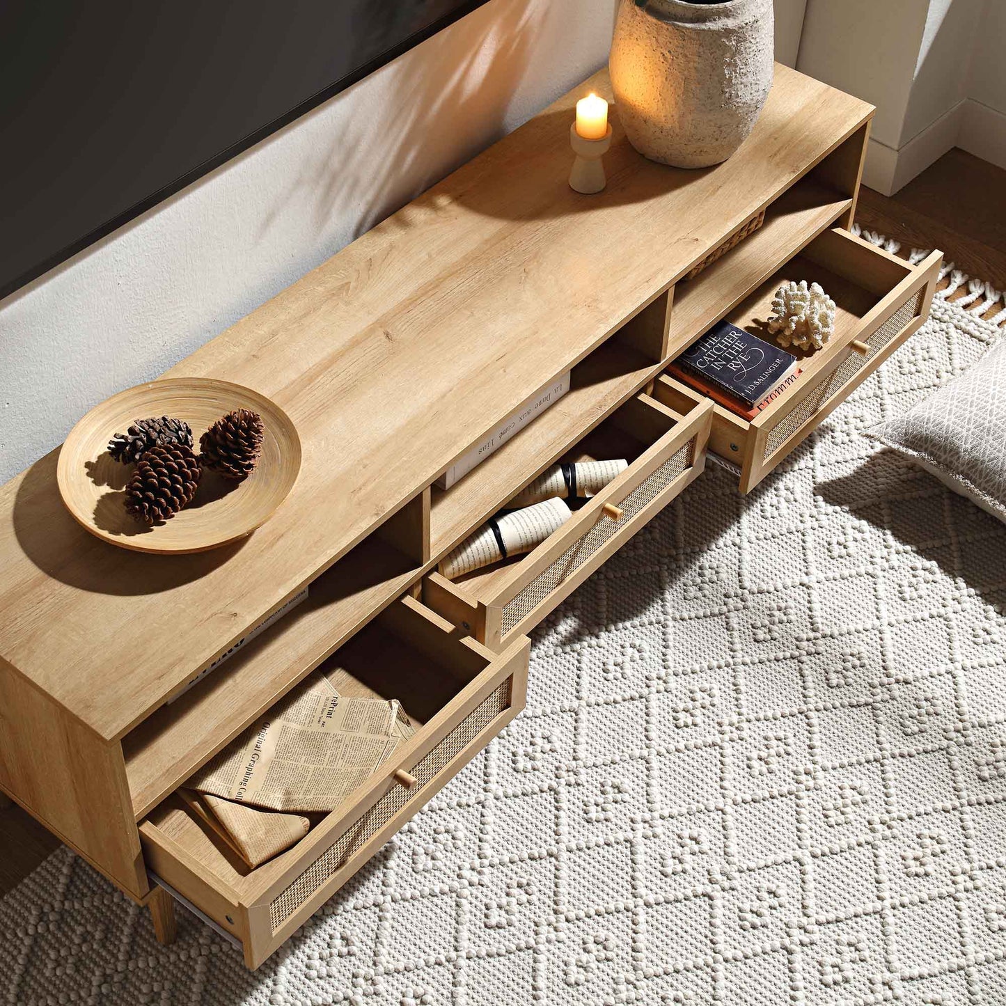 Frances Woven Rattan 160cm 3-Drawer TV Unit, Natural