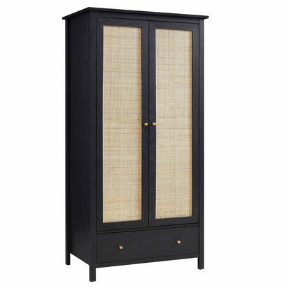 Frances Rattan Double Wardrobe with 1 Drawer, Black