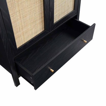 Frances Rattan Double Wardrobe with 1 Drawer, Black