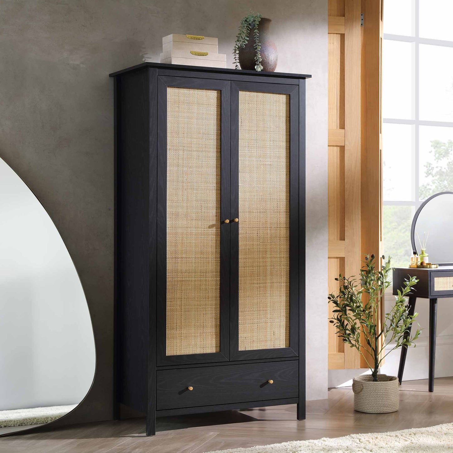 Frances Rattan Double Wardrobe with 1 Drawer, Black