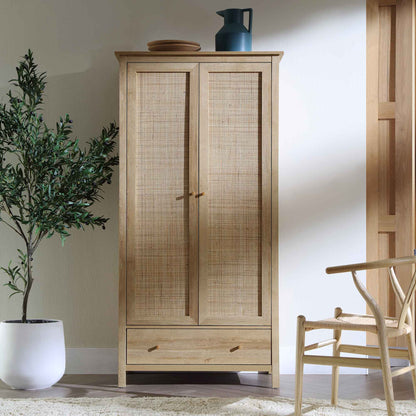 Frances Rattan Double Wardrobe with 1 Drawer, Natural