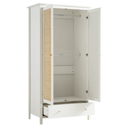 Frances Rattan Double Wardrobe with 1 Drawer, White
