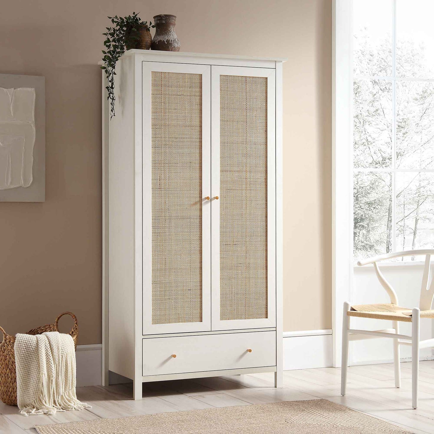 Frances Rattan Double Wardrobe with 1 Drawer, White