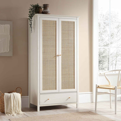 Frances Rattan Double Wardrobe with 1 Drawer, White