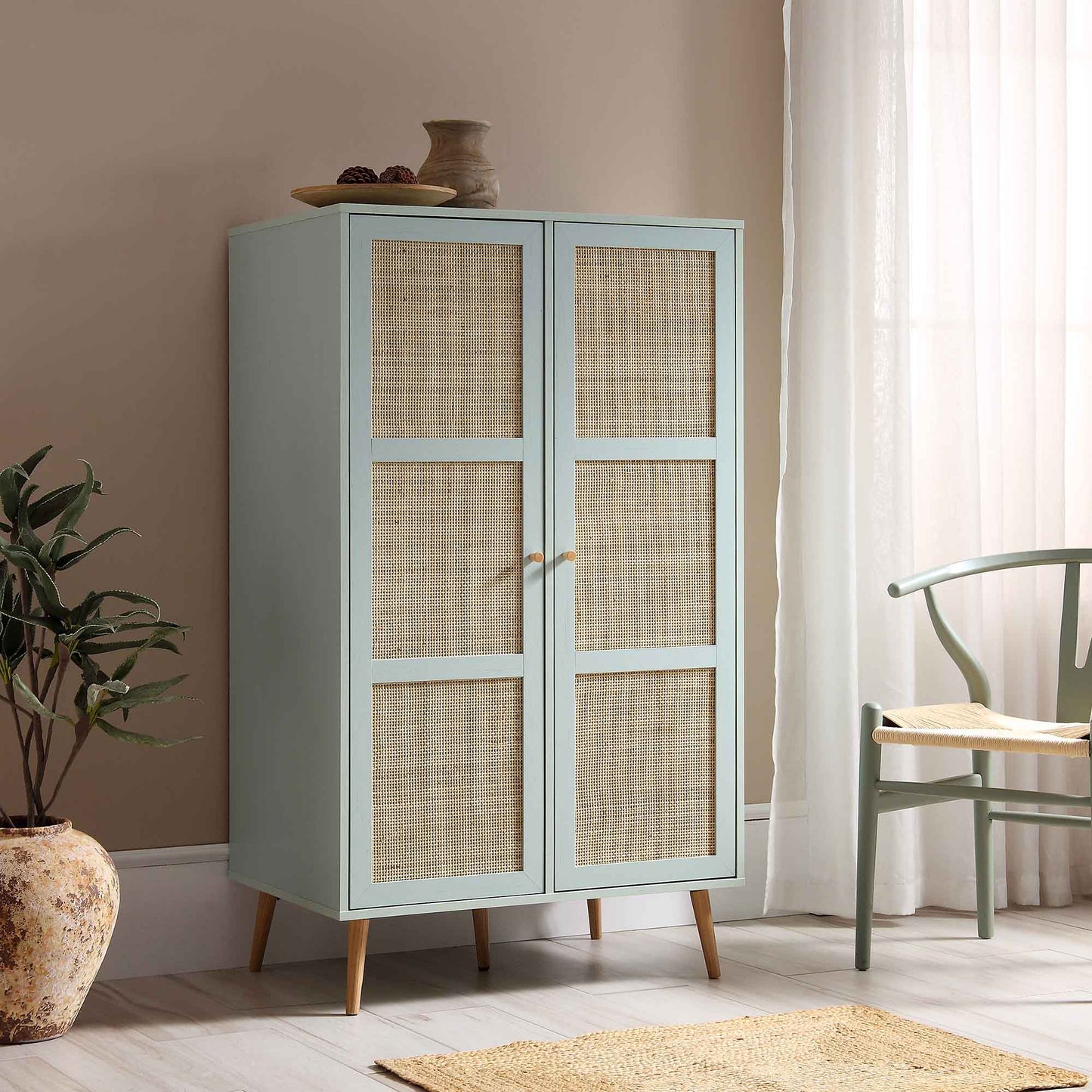 Frances Woven Rattan Compact Double Wardrobe, Mint Green