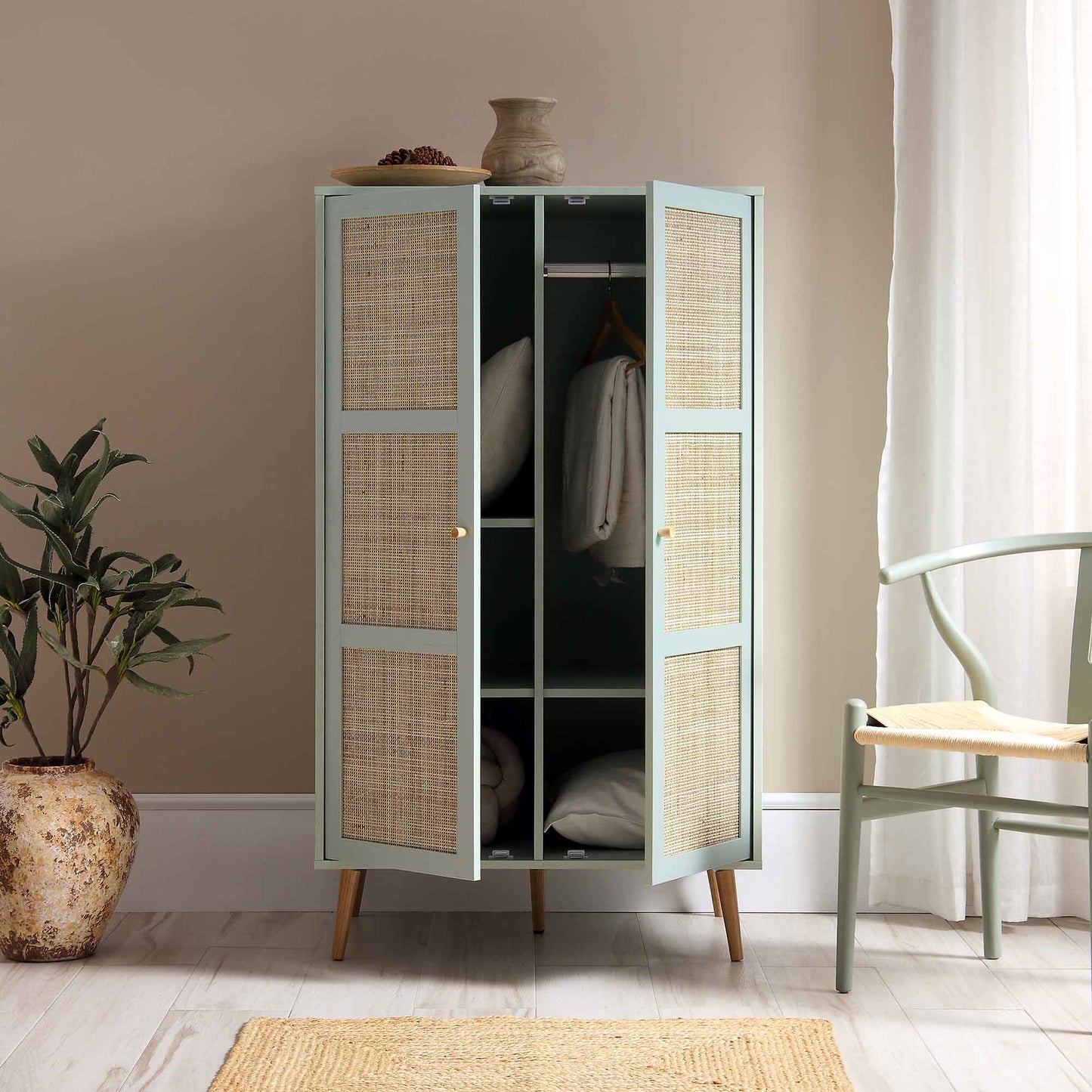 Frances Woven Rattan Compact Double Wardrobe, Mint Green