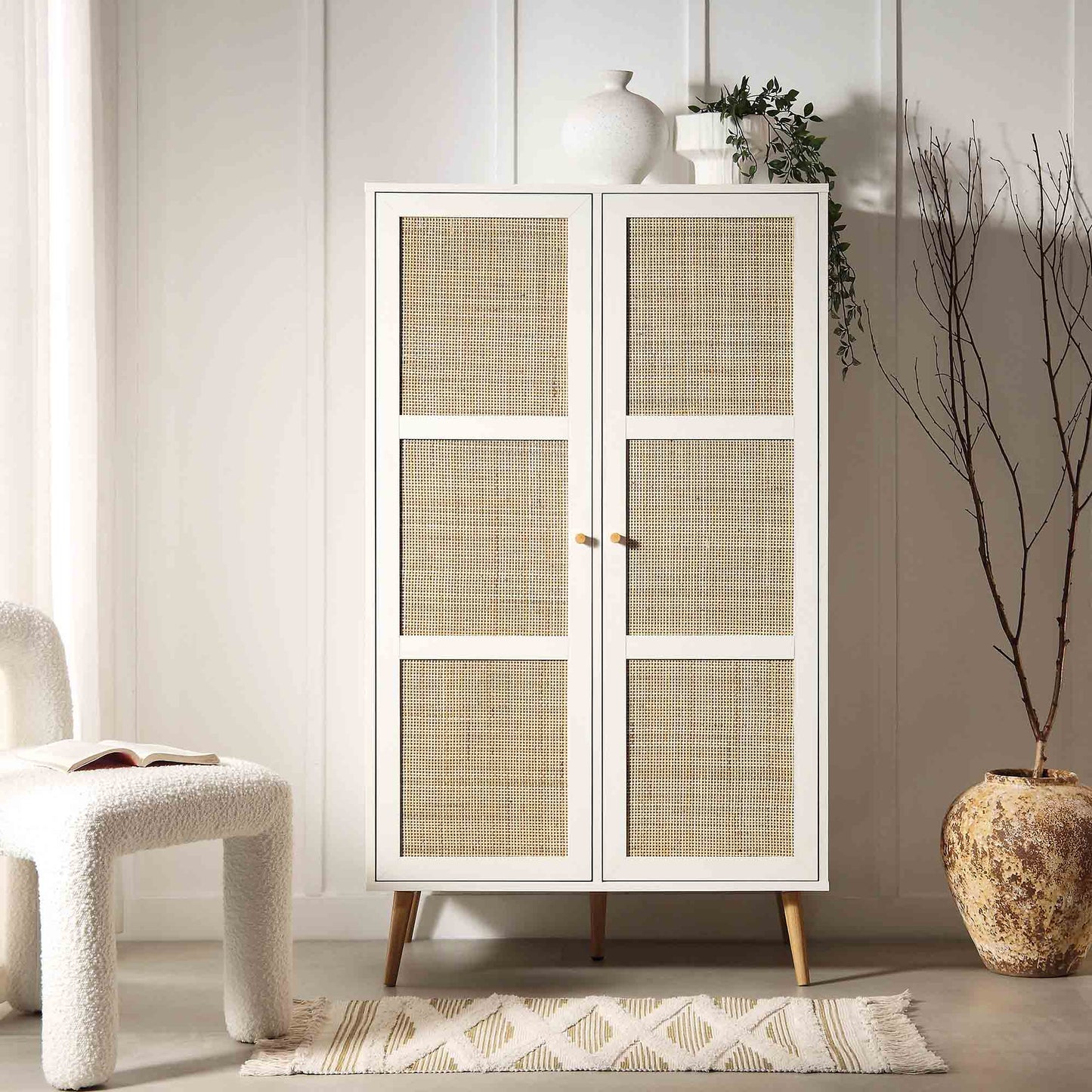 Frances Woven Rattan Compact Double Wardrobe, White
