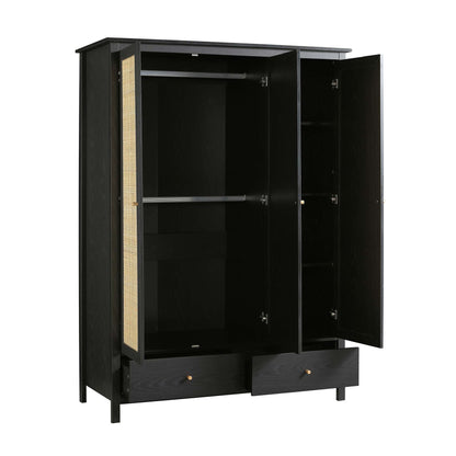 Frances Rattan Triple Wardrobe with 2 Drawers, Black