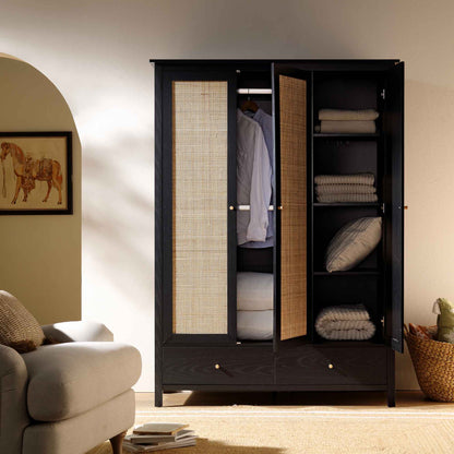 Frances Rattan Triple Wardrobe with 2 Drawers, Black