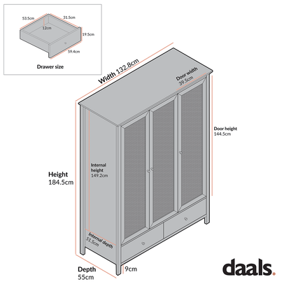 Frances Rattan Triple Wardrobe with 2 Drawers, White