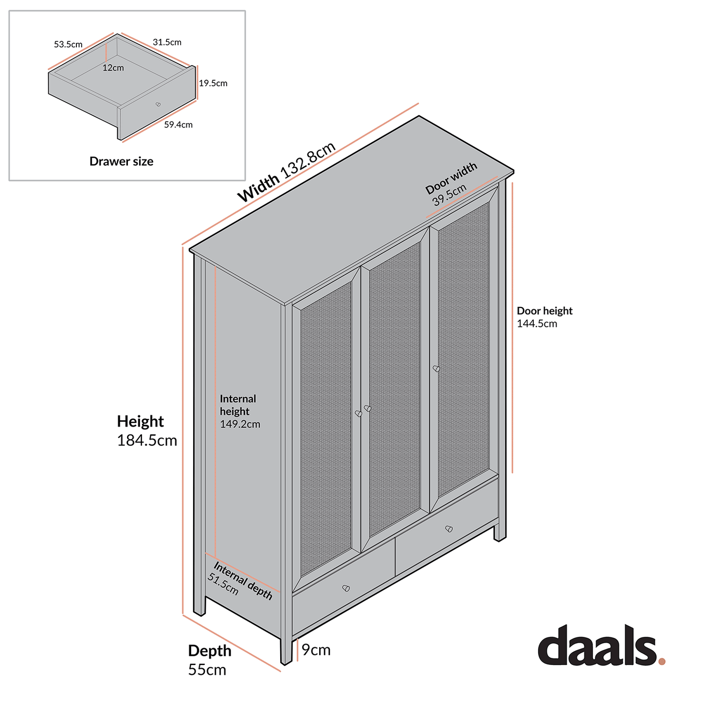 Frances Rattan Triple Wardrobe with 2 Drawers, Natural