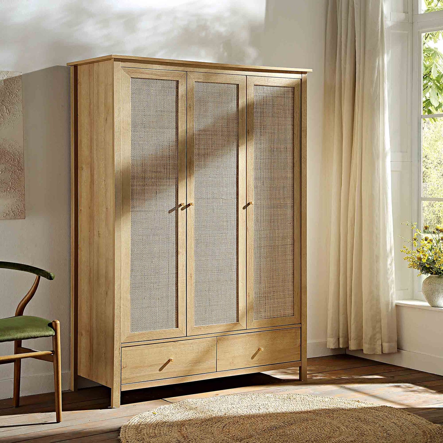 Frances Rattan Triple Wardrobe with 2 Drawers, Natural