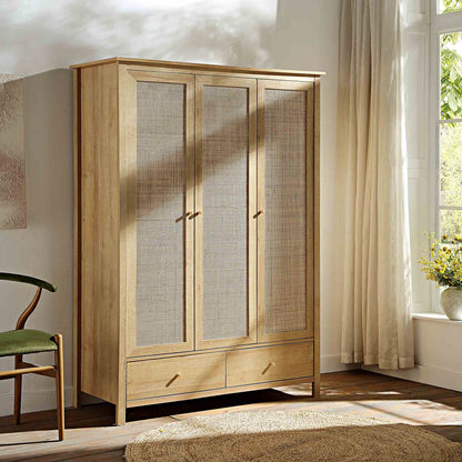 Frances Rattan Triple Wardrobe with 2 Drawers, Natural