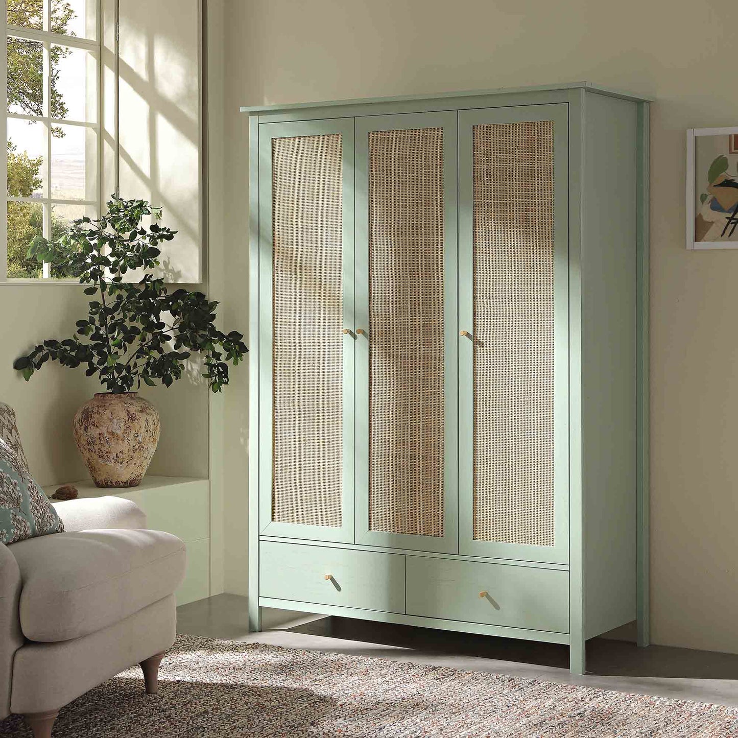 Frances Rattan Triple Wardrobe with 2 Drawers, Mint