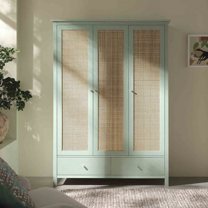 Frances Rattan Triple Wardrobe with 2 Drawers, Mint