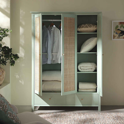 Frances Rattan Triple Wardrobe with 2 Drawers, Mint