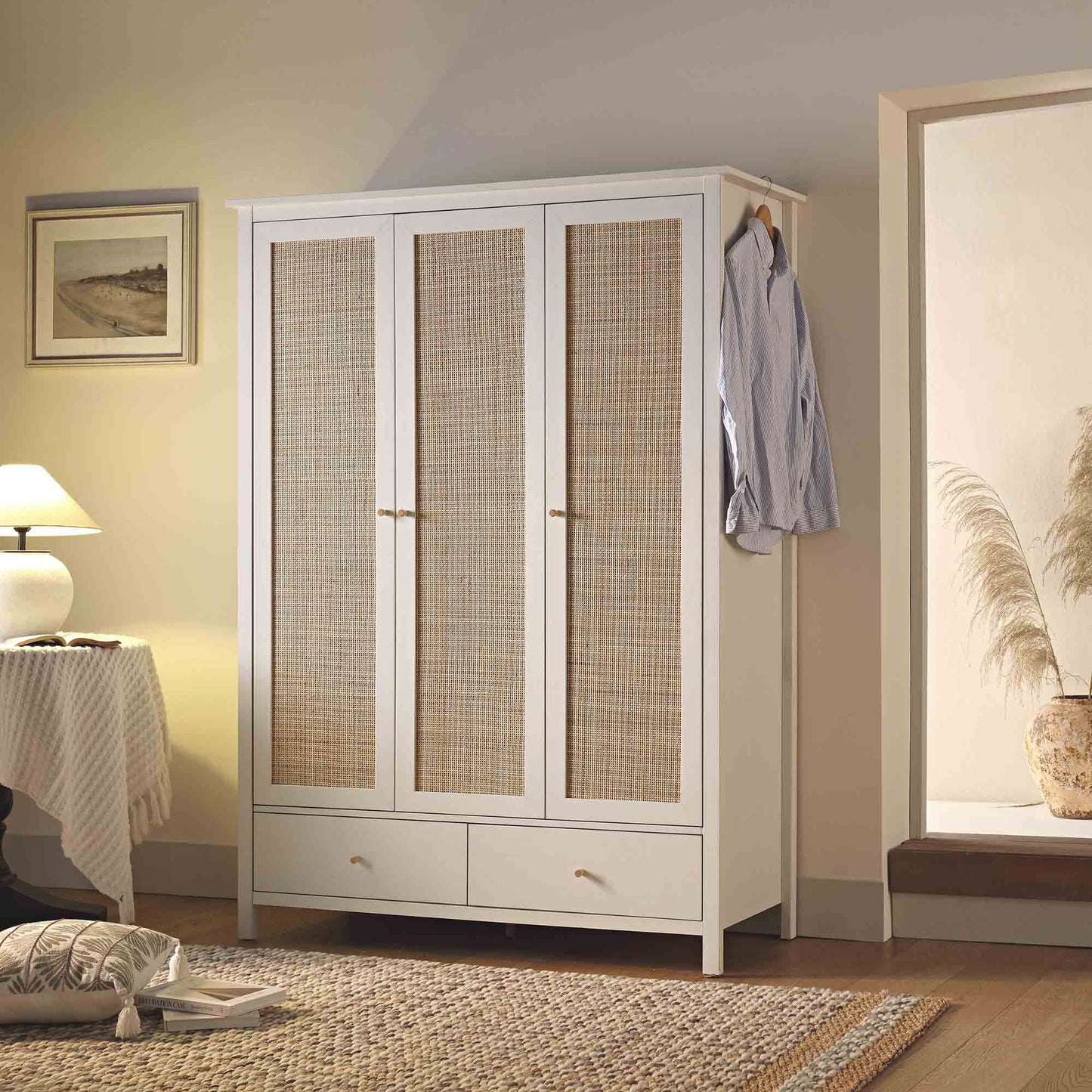 Frances Rattan Triple Wardrobe with 2 Drawers, White