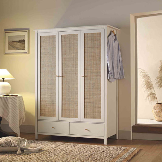 Frances Rattan Triple Wardrobe with 2 Drawers, White